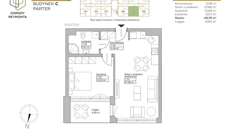 Rzut - Mieszkanie na sprzedaż 2 pokoje o powierzchni 49,76 m² - numer M11 w Ogrody Reymonta