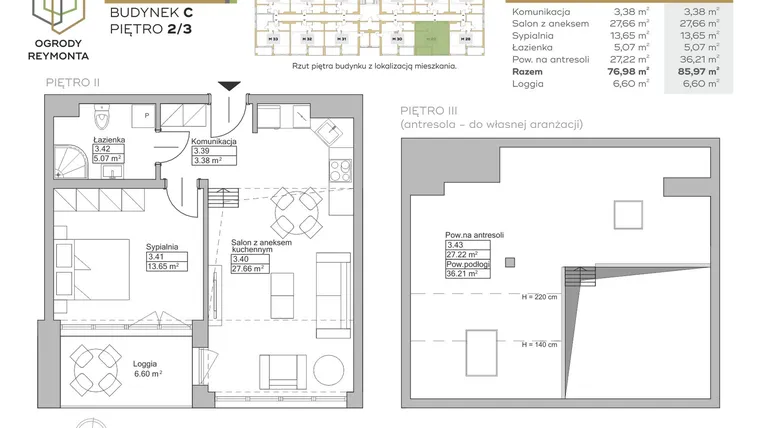 Rzut - Mieszkanie na sprzedaż 2 pokoje o powierzchni 76,98 m² - numer M29 w Ogrody Reymonta