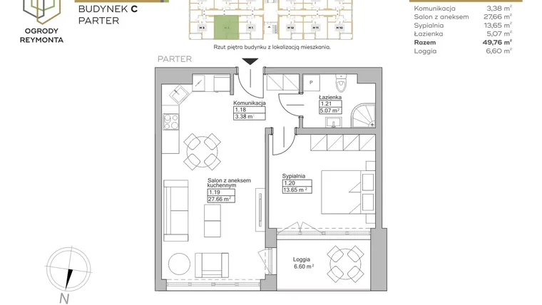Rzut - Mieszkanie na sprzedaż 2 pokoje o powierzchni 49,76 m² - numer M2 w Ogrody Reymonta