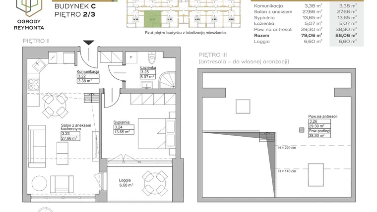 Rzut - Mieszkanie na sprzedaż 2 pokoje o powierzchni 79,06 m² - numer M32 w Ogrody Reymonta