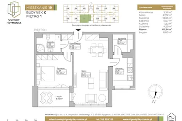Rzut - Mieszkanie na sprzedaż 2 pokoje o powierzchni 61,34 m² - numer M19 w Ogrody Reymonta