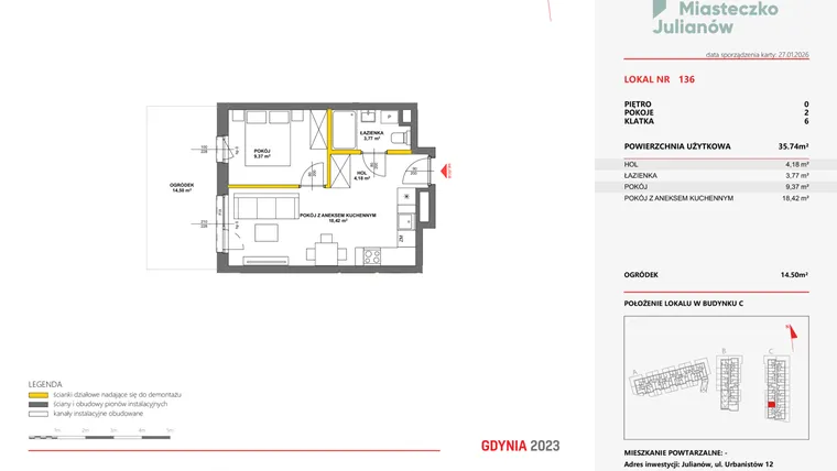Rzut - Mieszkanie na sprzedaż 2 pokoje o powierzchni 35,71 m² - numer 136 w Miasteczko Julianów