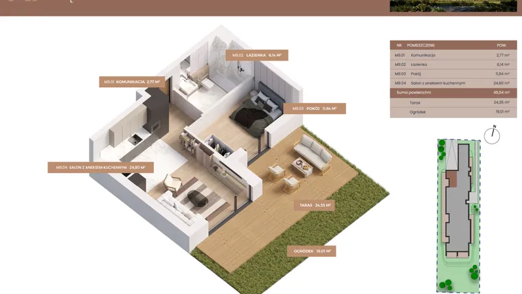 Rzut - Mieszkanie na sprzedaż 2 pokoje o powierzchni 45,54 m² - numer 9 w Apartamenty Częstochowska