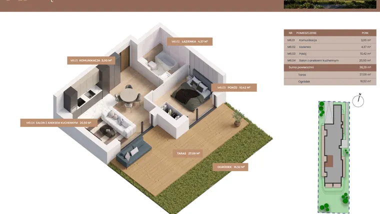 Rzut - Mieszkanie na sprzedaż 2 pokoje o powierzchni 38,29 m² - numer 6 w Apartamenty Częstochowska