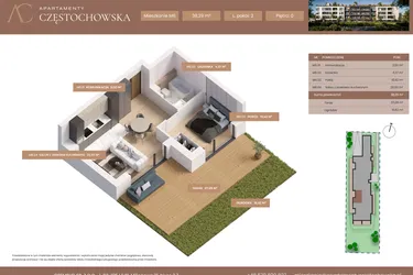 Rzut - Mieszkanie na sprzedaż 2 pokoje o powierzchni 38,29 m² - numer 6 w Apartamenty Częstochowska