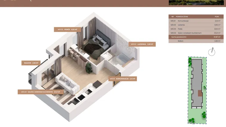 Rzut - Mieszkanie na sprzedaż 2 pokoje o powierzchni 37,87 m² - numer 10 w Apartamenty Częstochowska