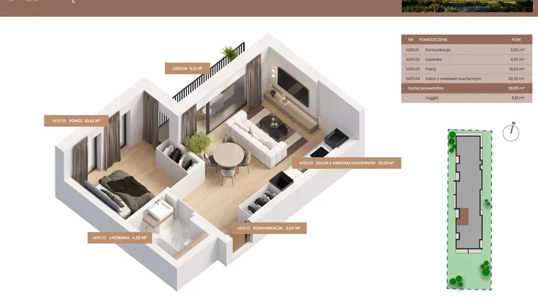 Rzut - Mieszkanie na sprzedaż 2 pokoje o powierzchni 38,05 m² - numer 25 w Apartamenty Częstochowska