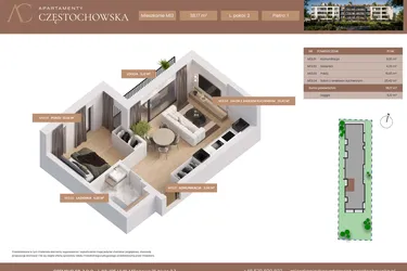 Rzut - Mieszkanie na sprzedaż 2 pokoje o powierzchni 38,17 m² - numer 13 w Apartamenty Częstochowska