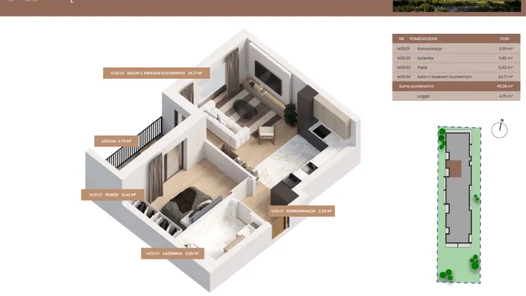 Rzut - Mieszkanie na sprzedaż 2 pokoje o powierzchni 45,38 m² - numer 28 w Apartamenty Częstochowska