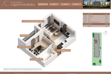 Rzut - Mieszkanie na sprzedaż 2 pokoje o powierzchni 45,38 m² - numer 28 w Apartamenty Częstochowska
