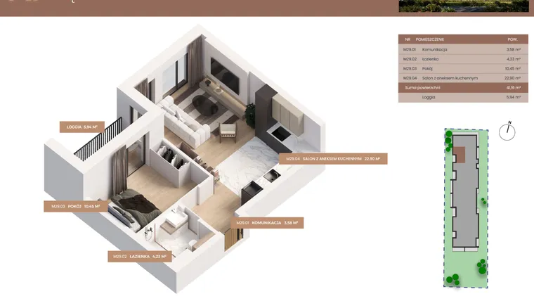 Rzut - Mieszkanie na sprzedaż 2 pokoje o powierzchni 41,16 m² - numer 29 w Apartamenty Częstochowska