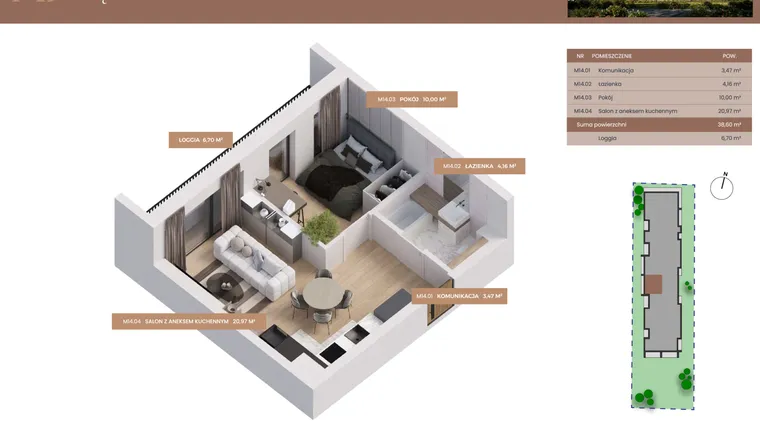 Rzut - Mieszkanie na sprzedaż 2 pokoje o powierzchni 38,6 m² - numer 14 w Apartamenty Częstochowska
