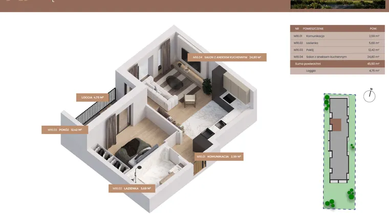 Rzut - Mieszkanie na sprzedaż 2 pokoje o powierzchni 45,5 m² - numer 16 w Apartamenty Częstochowska