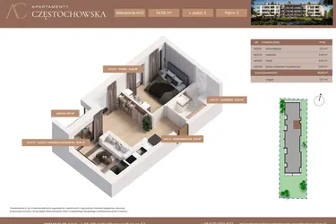 Rzut - Mieszkanie na sprzedaż 2 pokoje o powierzchni 34,58 m² - numer 32 w Apartamenty Częstochowska
