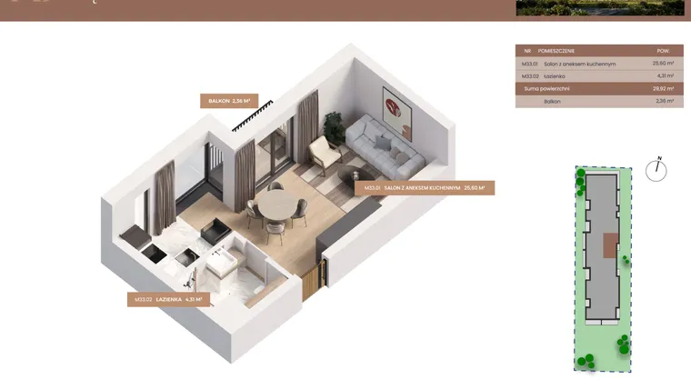 Rzut - Mieszkanie na sprzedaż 1 pokój o powierzchni 29,92 m² - numer 33 w Apartamenty Częstochowska