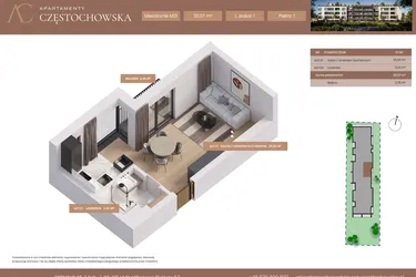 Rzut - Mieszkanie na sprzedaż 1 pokój o powierzchni 30,07 m² - numer 21 w Apartamenty Częstochowska