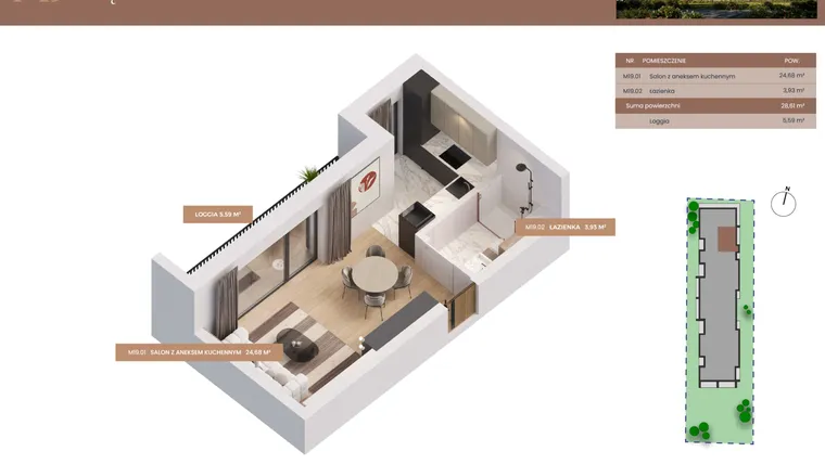 Rzut - Mieszkanie na sprzedaż 1 pokój o powierzchni 28,61 m² - numer 19 w Apartamenty Częstochowska