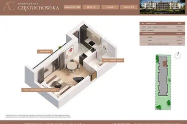Rzut - Mieszkanie na sprzedaż 1 pokój o powierzchni 26,09 m² - numer 43 w Apartamenty Częstochowska