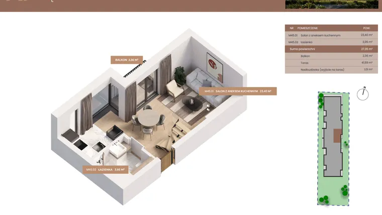 Rzut - Mieszkanie na sprzedaż 1 pokój o powierzchni 27,35 m² - numer 45 w Apartamenty Częstochowska