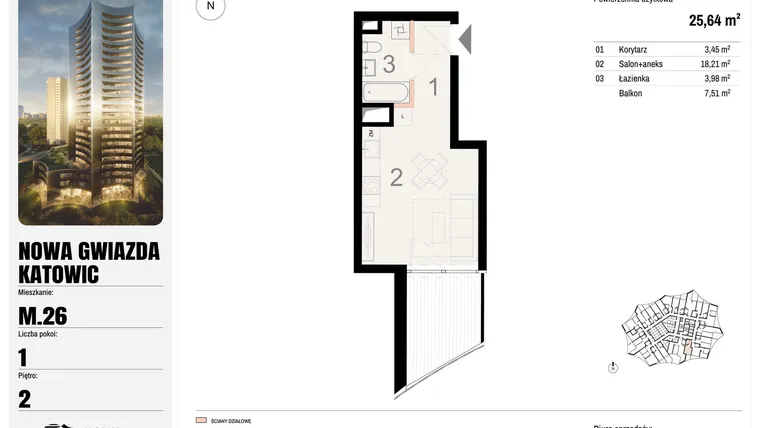 Rzut - Mieszkanie na sprzedaż 1 pokój o powierzchni 25,64 m² - numer M.26 w Nowa Gwiazda