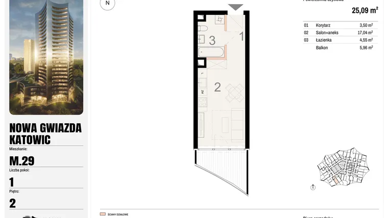 Rzut - Mieszkanie na sprzedaż 1 pokój o powierzchni 25,09 m² - numer M.29 w Nowa Gwiazda