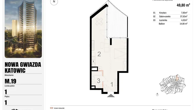 Rzut - Mieszkanie na sprzedaż 1 pokój o powierzchni 49,8 m² - numer M.19 w Nowa Gwiazda