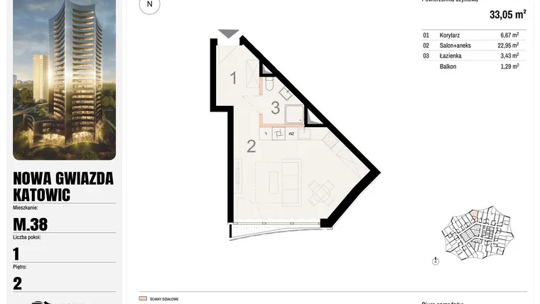 Rzut - Mieszkanie na sprzedaż 1 pokój o powierzchni 33,05 m² - numer M.38 w Nowa Gwiazda