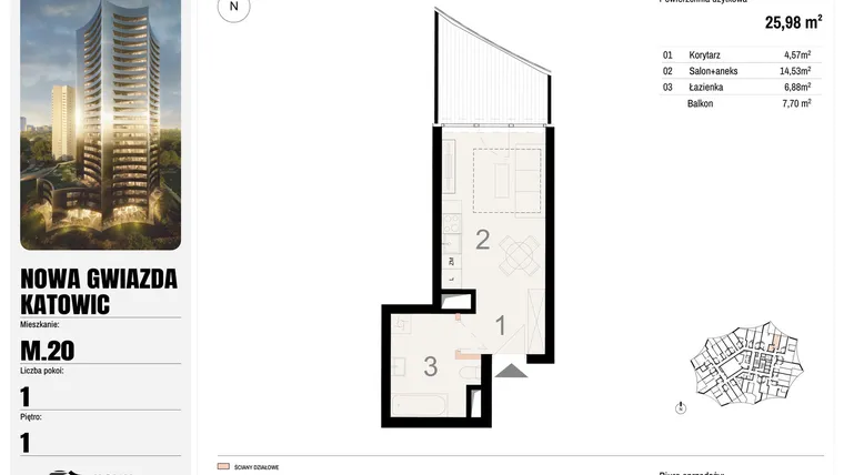 Rzut - Mieszkanie na sprzedaż 1 pokój o powierzchni 25,98 m² - numer M.20 w Nowa Gwiazda