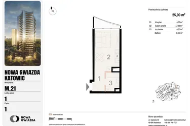 Rzut - Mieszkanie na sprzedaż 1 pokój o powierzchni 25,9 m² - numer M.21 w Nowa Gwiazda