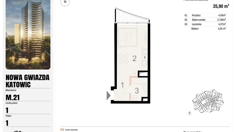 Rzut - Mieszkanie na sprzedaż 1 pokój o powierzchni 25,9 m² - numer M.21 w Nowa Gwiazda