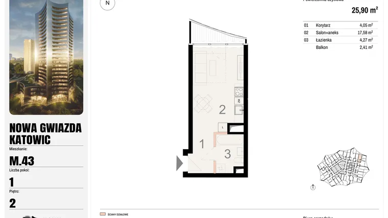 Rzut - Mieszkanie na sprzedaż 1 pokój o powierzchni 25,9 m² - numer M.43 w Nowa Gwiazda