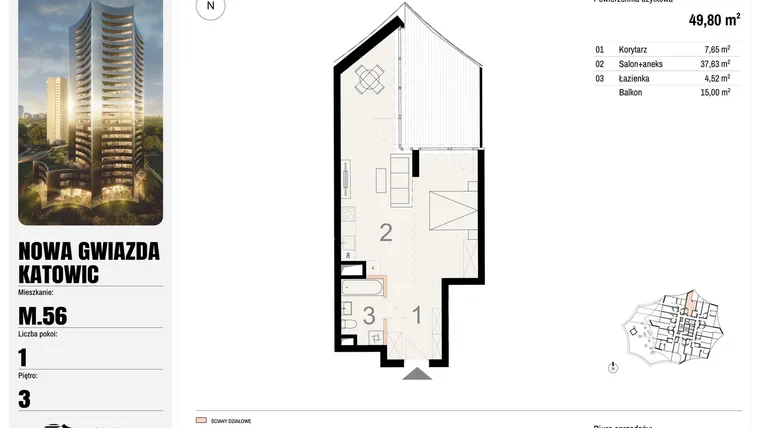 Rzut - Mieszkanie na sprzedaż 1 pokój o powierzchni 49,8 m² - numer M.56 w Nowa Gwiazda