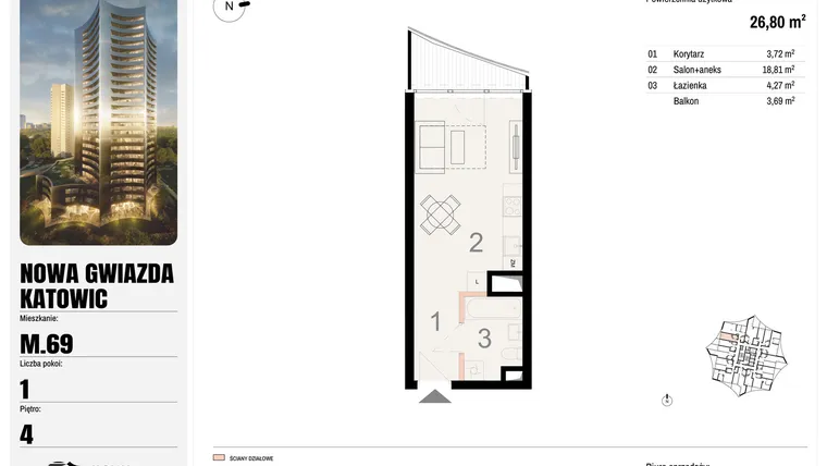 Rzut - Mieszkanie na sprzedaż 1 pokój o powierzchni 26,8 m² - numer M.69 w Nowa Gwiazda