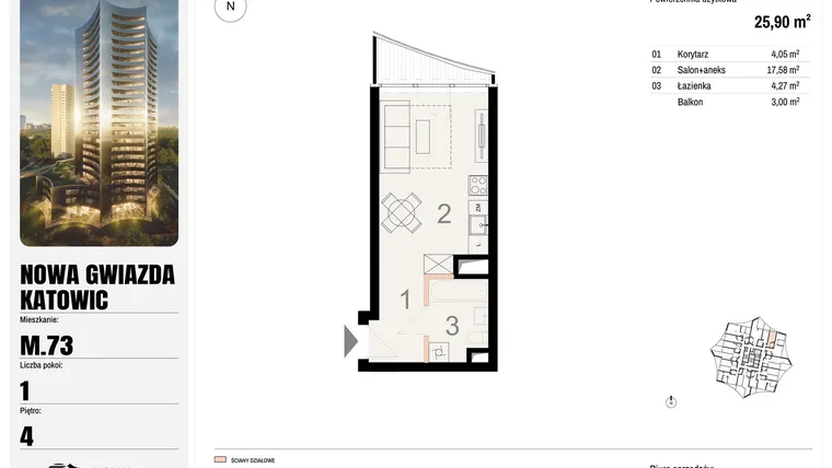 Rzut - Mieszkanie na sprzedaż 1 pokój o powierzchni 25,9 m² - numer M.73 w Nowa Gwiazda