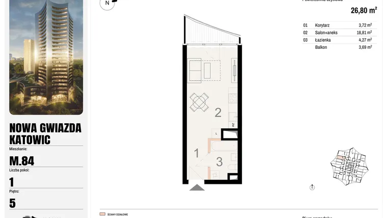 Rzut - Mieszkanie na sprzedaż 1 pokój o powierzchni 26,8 m² - numer M.84 w Nowa Gwiazda
