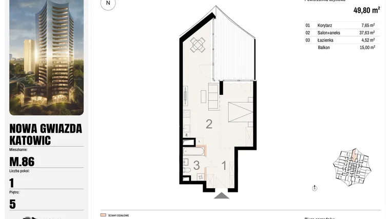 Rzut - Mieszkanie na sprzedaż 1 pokój o powierzchni 49,8 m² - numer M.86 w Nowa Gwiazda