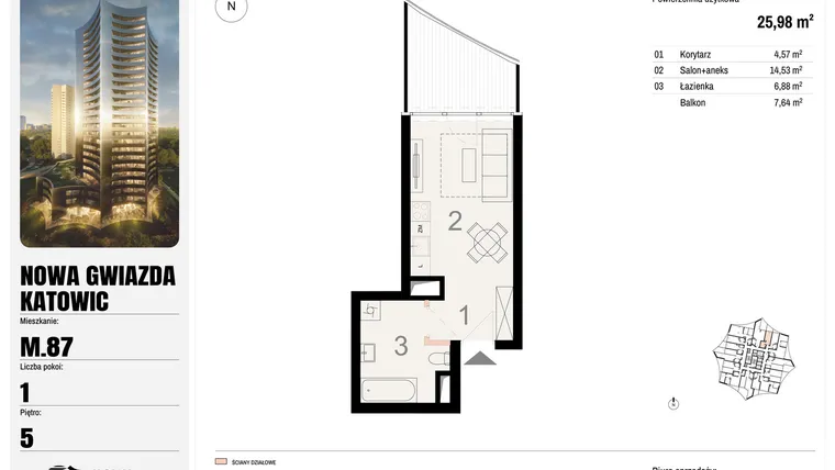 Rzut - Mieszkanie na sprzedaż 1 pokój o powierzchni 25,98 m² - numer M.87 w Nowa Gwiazda