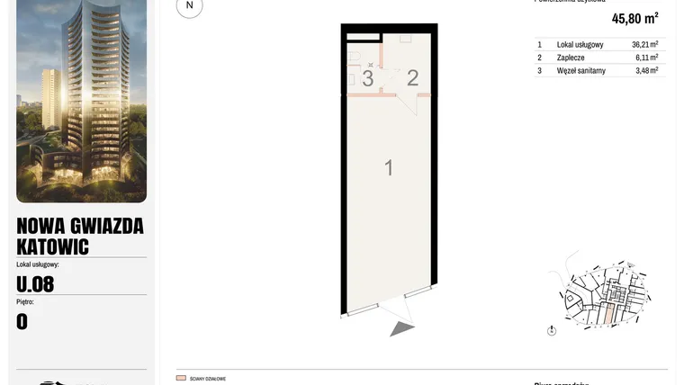 Rzut - Lokal użytkowy na sprzedaż 3 pokoje o powierzchni 45,8 m² - numer U.08 w Nowa Gwiazda