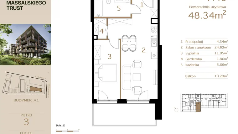 Rzut - Mieszkanie na sprzedaż 2 pokoje o powierzchni 48,34 m² - numer M48 w Massalskiego Trust