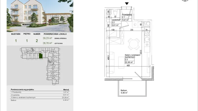 Rzut - Mieszkanie na sprzedaż 1 pokój o powierzchni 28,76 m² - numer A2 w Aleja Mickiewicza