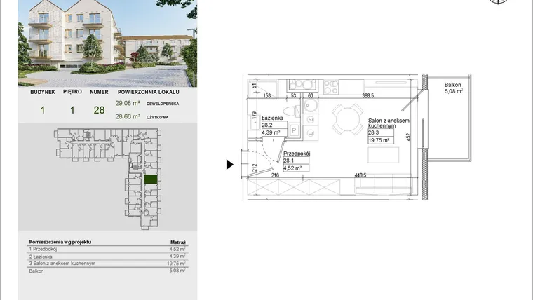 Rzut - Mieszkanie na sprzedaż 1 pokój o powierzchni 28,66 m² - numer A28 w Aleja Mickiewicza