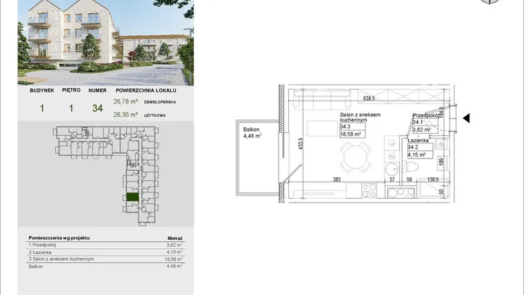 Rzut - Mieszkanie na sprzedaż 1 pokój o powierzchni 26,35 m² - numer A34 w Aleja Mickiewicza