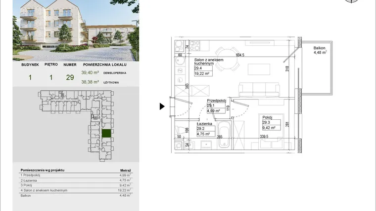 Rzut - Mieszkanie na sprzedaż 2 pokoje o powierzchni 38,38 m² - numer A29 w Aleja Mickiewicza