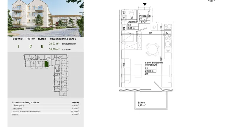 Rzut - Mieszkanie na sprzedaż 1 pokój o powierzchni 28,76 m² - numer A9 w Aleja Mickiewicza