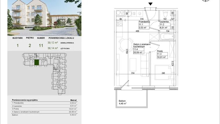 Rzut - Mieszkanie na sprzedaż 2 pokoje o powierzchni 38,14 m² - numer A11 w Aleja Mickiewicza