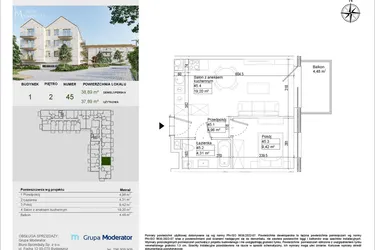Rzut - Mieszkanie na sprzedaż 2 pokoje o powierzchni 37,89 m² - numer A45 w Aleja Mickiewicza