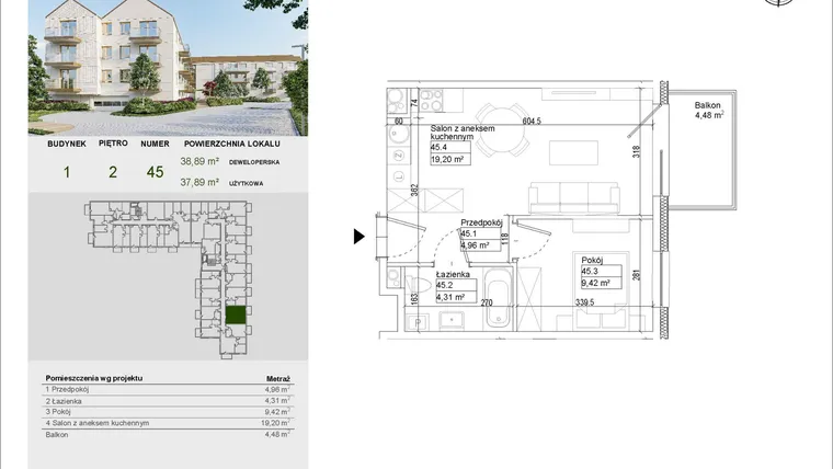 Rzut - Mieszkanie na sprzedaż 2 pokoje o powierzchni 37,89 m² - numer A45 w Aleja Mickiewicza