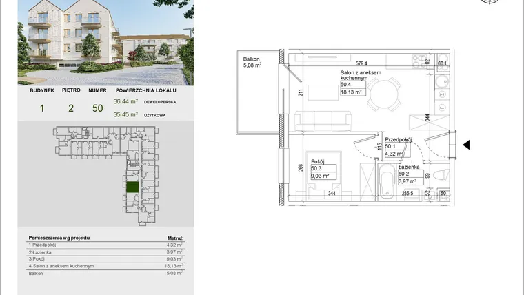 Rzut - Mieszkanie na sprzedaż 2 pokoje o powierzchni 35,45 m² - numer A50 w Aleja Mickiewicza
