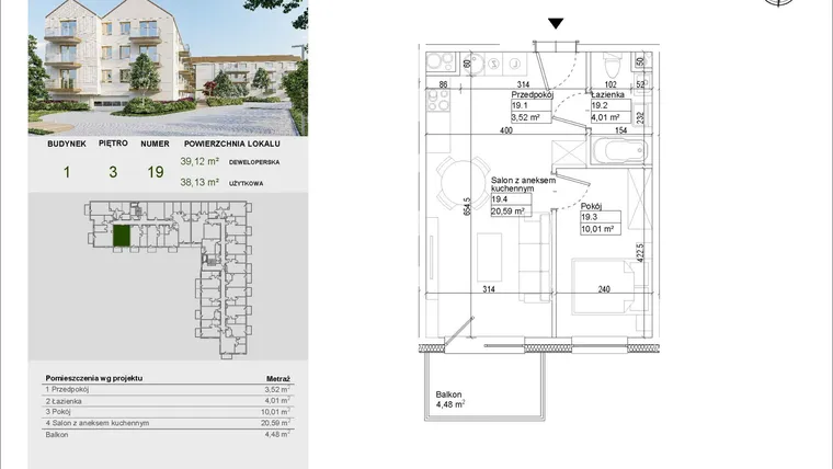 Rzut - Mieszkanie na sprzedaż 2 pokoje o powierzchni 38,13 m² - numer A19 w Aleja Mickiewicza