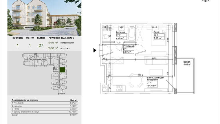 Rzut - Mieszkanie na sprzedaż 2 pokoje o powierzchni 38,97 m² - numer A27 w Aleja Mickiewicza